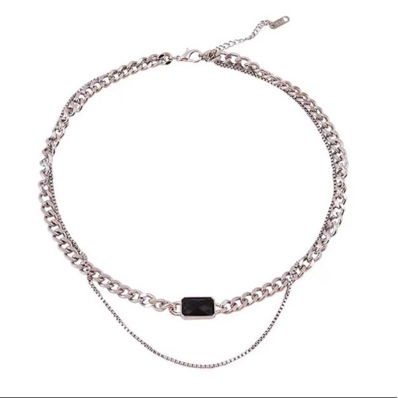 💎Black Rectangle Stone Titanium Steel Necklace Chain Double layer thick silver - Picture 7 of 10